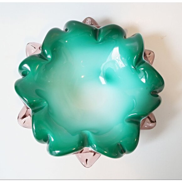 Vintage Murano Cased Glass Bowl Purple Green White Bowl  Mid Century Modern - Picture 3 of 7